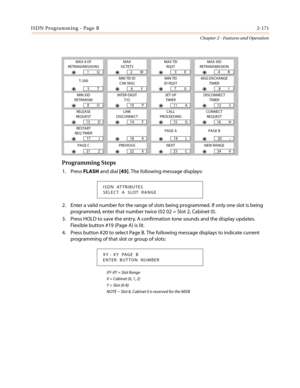 Page 201ISDN Programming - Page B2-171
Chapter 2 - Features and Operation
Programming Steps
1. PressFLASHand dial[45]. The following message displays:
2. Enter a valid number for the range of slots being programmed. If only one slot is being
programmed, enter that number twice (02 02 = Slot 2, Cabinet 0).
3. Press HOLD to save the entry. A confirmation tone sounds and the display updates.
Flexible button #19 (Page A) is lit.
4. Press button #20 to select Page B. The following message displays to indicate...