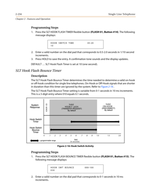 Page 2642-234Single Line Telephone
Chapter 2 - Features and Operation
Programming Steps
1. Press the SLT HOOK FLASH TIMER flexible button(FLASH 01, Button #14). The following
message displays:
2. Enter a valid number on the dial pad that corresponds to 0.5-2.0 seconds in 1/10 second
increments.
3. Press HOLD to save the entry. A confirmation tone sounds and the display updates.
DEFAULT…SLT Hook Flash Timer is set at 10 (one second).
SLT Hook Flash Bounce Timer
Description
The SLT Hook Flash Bounce Timer...