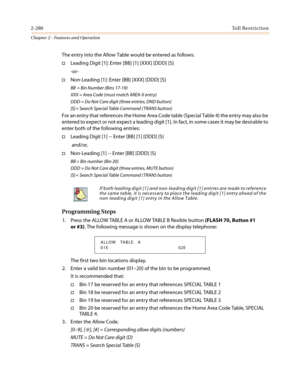 Page 3102-280Toll Restriction
Chapter 2 - Features and Operation
The entry into the Allow Table would be entered as follows:
