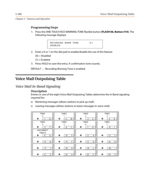 Page 3362-306Voice Mail Outpulsing Table
Chapter 2 - Features and Operation
Programming Steps
1. Press the ONE-TOUCH RCD WARNING TONE flexible button(FLASH 06, Button #10).The
following message displays:
2. Enter a 0 or 1 on the dial pad to enable/disable the use of this feature.
[0] = Disabled
[1] = Enabled
3. Press HOLD to save the entry. A confirmation tone sounds.
DEFAULT…Recording Warning Tone is enabled.
Voice Mail Outpulsing Table
Voice Mail In-Band Signaling
Description
Entries in one of the eight Voice...