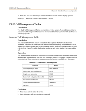 Page 363ICLID Call Management Tables 3-23
Chapter 3 - Attendant Features and Operation
3. Press HOLD to save the entry. A confirmation tone sounds and the display updates.
DEFAULT…Attendant Display Timer is set for 1 second.
ICLID Call Management Tables
Description
Two ICLID Call Management Tables are maintained in the system. These tables consist of an
Answered Call Management Table and an Unanswered Call Management Table. Each have a
100 entry capacity.
Answered Call Management Table
Description
The Answered...