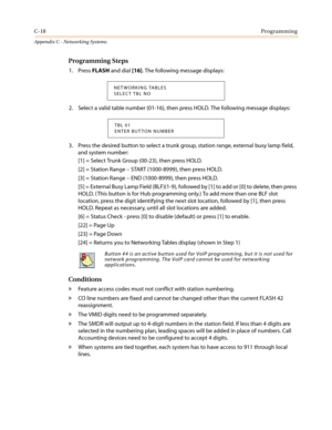 Page 482C-18Programming
Appendix C - Networking Systems
Programming Steps
1. PressFLASHand dial[16]. The following message displays:
2. Select a valid table number (01-16), then press HOLD. The following message displays:
3. Press the desired button to select a trunk group, station range, external busy lamp field,
and system number:
[1] = Select Trunk Group (00-23), then press HOLD.
[2] = Station Range–START (1000-8999), then press HOLD.
[3] = Station Range–END (1000-8999), then press HOLD.
[5] = External Busy...