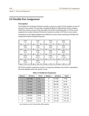 Page 902-60CO Flexible Port Assignment
Chapter 2 - Features and Operation
CO Flexible Port Assignment
Description
The Flexible Port Assignment feature provides a means to assign CO line numbers to any CO
line port in the system. This provides complete flexibility in determining CO line numbers
within the system as long as they stay within the system numbering plan. A CO line can be
assigned any number between 001and the maximum number of CO lines in your system.
The buttons on the digital telephone are defined...
