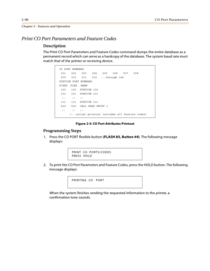 Page 1242-96CO Port Parameters
Chapter 2 - Features and Operation
Print CO Port Parameters and Feature Codes
Description
The Print CO Port Parameters and Feature Codes command dumps the entire database as a 
permanent record which can serve as a hardcopy of the database. The system baud rate must 
match that of the printer or receiving device.
Figure 2-5: CO Port Attributes Printout
Programming Steps
1. Press the CO PORT flexible button (FLASH 85, Button #4). The following message 
displays:
2. To print the CO...