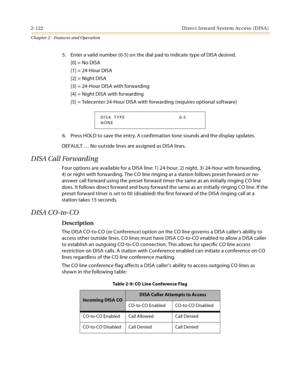 Page 1502-122 D ire c t In w a rd  Syste m Ac c ess  (D IS A )
Chapter 2 - Features and Operation
5. Enter a valid number (0-5) on the dial pad to indicate type of DISA desired.
[0] = No DISA
[1] = 24-Hour DISA
[2] = Night DISA
[3] = 24-Hour DISA with forwarding
[4] = Night DISA with forwarding
[5] = Telecenter 24-Hour DISA with forwarding (requires optional software)
6. Press HOLD to save the entry. A confirmation tone sounds and the display updates.
DEFAULT … No outside lines are assigned as DISA lines.
DISA...