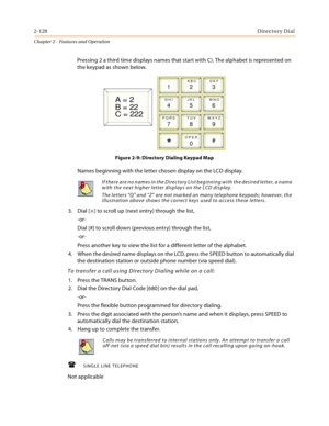 Page 1562-128Directory Dial
Chapter 2 - Features and Operation
Pressing 2 a third time displays names that start with C). The alphabet is represented on 
the keypad as shown below.
Figure 2-9: Directory Dialing Keypad Map
Names beginning with the letter chosen display on the LCD display.
3. Dial [
] to scroll up (next entry) through the list,
-or-
Dial [#] to scroll down (previous entry) through the list,
-or-
Press another key to view the list for a different letter of the alphabet.
4. When the desired name...