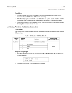 Page 157Directory Dial2-129
Chapter 2 - Features and Operation
Conditions
» If the desired party is an intercom station, that station is signaled according to their 
intercom selector/H-T-P switch (SLT stations tone ring).
» If the desired party is associated to a speed dial bin, the system selects a CO line and dials 
the number programmed into the speed dial bin. Call progress tones are then heard.
» If station is in Directory Dial mode and a CO or intercom call rings in, the station must exit 
Directory Dial...