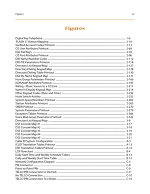 Page 17Figuresxv
Figures
Digital Key Telephone  .......................................................................................................................................  1-6
 FLASH 31 Button Mapping  .............................................................................................................................  2-10
Verified Account Codes Printout ...................................................................................................................  2-13
CO Line...