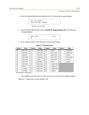 Page 161Distinctive Ringing2-133
Chapter 2 - Features and Operation
4. Press the Page B flexible button (Button #20). The following message displays:
XXX-XXX = CO Line Range
5. Press the RING TONE flexible button (FLASH 40, Page B, Button #9). The following 
message displays:
6. Enter a valid number on the dial pad to change this feature.
7. Press HOLD to save the entry. A confirmation tone sounds and the display updates.
DEFAULT … Ring Tone is set for 00 (697/770).
XXX - XXX  PAGE  B
ENTER  BUTTON  NUMBER
RING...