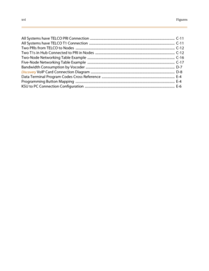 Page 18xviFigures
All Systems have TELCO PRI Connection ....................................................................................................  C-11
All Systems have TELCO T1 Connection  .....................................................................................................  C-11
Two PRIs from TELCO to Nodes  .....................................................................................................................  C-12
Two T1s in Hub Connected to PRI in Nodes...