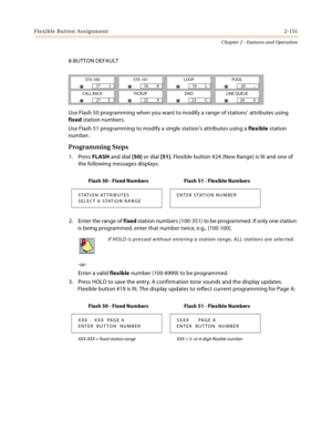 Page 179Flexible Button Assignment2-151
Chapter 2 - Features and Operation
8-BUTTON DEFAULT
Use Flash 50 programming when you want to modify a range of stations’ attributes using 
fixed station numbers.
Use Flash 51 programming to modify a single station’s attributes using a flexible station 
number.
Programming Steps
1. Press FLASH and dial [50] or dial [51]. Flexible button #24 (New Range) is lit and one of 
the following messages displays:
2. Enter the range of fixed station numbers (100-351) to be...