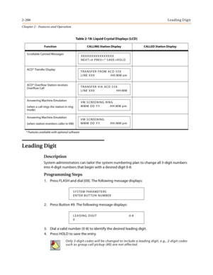 Page 2342-206Leading Digit
Chapter 2 - Features and Operation
Leading Digit
Description
System administrators can tailor the system numbering plan to change all 3-digit numbers 
into 4-digit numbers that begin with a desired digit 0-8.
Programming Steps
1. Press FLASH and dial [09]. The following message displays:
2. Press Button #9. The following message displays:
3. Dial a valid number (0-8) to identify the desired leading digit.
4. Press HOLD to save the entry.
Scrollable Canned Messages
ACD* Transfer...