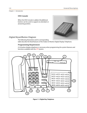 Page 261-6General Description
Chapter 1 - Introduction
DSS Console
When the DSS Console is added, 48 additional 
buttons can be used to support an attendant or 
answering position.
Digital Keyset/Button Diagram
The following illustration and its corresponding 
table describe the fixed features of the Vodavi 24-Button Digital Display Telephone.
Programming Requirement
A 24-button display telephone is necessary when programming the system features and 
functions available with the XTS System.
 
Figure 1-1:...