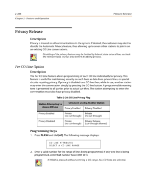 Page 2662-238Privacy Release
Chapter 2 - Features and Operation
Privacy Release
Description
Privacy is insured on all communications in the system. If desired, the customer may elect to 
disable the Automatic Privacy feature, thus allowing up to seven other stations to join in on 
an existing CO Line conversations.
Per CO Line Option
Description
The Per CO Line feature allows programming of each CO line individually for privacy. This 
feature is useful for maintaining security on such lines as data lines,...