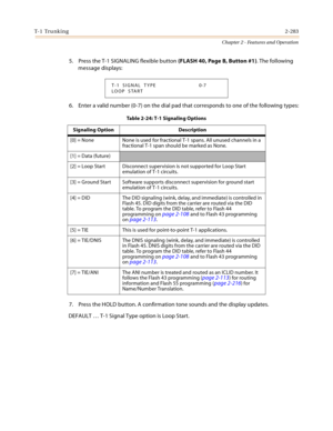 Page 311T- 1  Tr u n k i n g2-283
Chapter 2 - Features and Operation
5. Press the T-1 SIGNALING flexible button (FLASH 40, Page B, Button #1). The following 
message displays:
6. Enter a valid number (0-7) on the dial pad that corresponds to one of the following types:
7. Press the HOLD button. A confirmation tone sounds and the display updates.
DEFAULT … T-1 Signal Type option is Loop Start.
T-1  SIGNAL  TYPE 0-7
LO OP  S TART
Table 2-24: T-1 Signaling Options
Signaling Option Description
[0] = None None is...