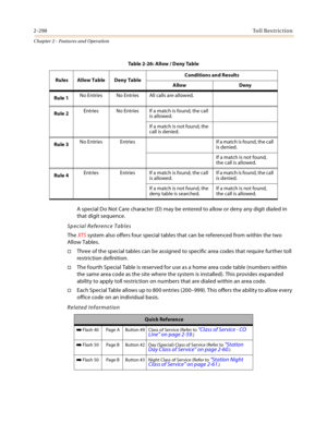 Page 3262-298Toll Restriction
Chapter 2 - Features and Operation
A special Do Not Care character (D) may be entered to allow or deny any digit dialed in 
that digit sequence.
Special Reference Tables
The XTS system also offers four special tables that can be referenced from within the two 
Allow Tables.
Three of the special tables can be assigned to specific area codes that require further toll 
restriction definition.
The fourth Special Table is reserved for use as a home area code table (numbers within 
the...