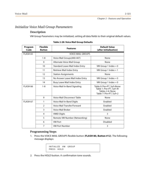 Page 349Voice Mail2-321
Chapter 2 - Features and Operation
Initialize Voice Mail Group Parameters
Description
VM Group Parameters may be initialized, setting all data fields to their original default values.
Programming Steps
1. Press the VOICE MAIL GROUPS flexible button (FLASH 80, Button #12). The following 
message displays:
2. Press the HOLD button. A confirmation tone sounds.
Table 2-28: Voice Mail Group Defaults
Program 
CodeFlexible
ButtonFeaturesDefault Value
(after initialization)
FLASH 65 VOICE MAIL...