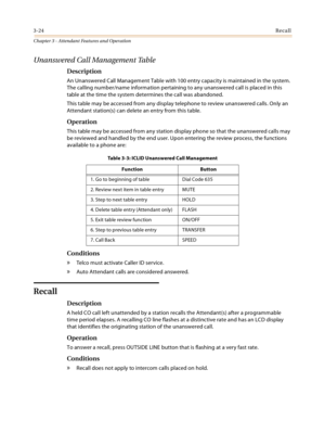 Page 3863-24Recall
Chapter 3 - Attendant Features and Operation
Unanswered Call Management Table
Description
An Unanswered Call Management Table with 100 entry capacity is maintained in the system. 
The calling number/name information pertaining to any unanswered call is placed in this 
table at the time the system determines the call was abandoned.
This table may be accessed from any display telephone to review unanswered calls. Only an 
Attendant station(s) can delete an entry from this table.
Operation
This...