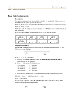 Page 462-18Baud Rate Assignments
Chapter 2 - Features and Operation
Baud Rate Assignments
Description
The System provides outputs such as SMDR or ICLID to the standard RS-232 connectors on 
the MPB or RS-232 on the optional SIU Modules.
PORT #1 -- RS-232C port labeled SCMI on the MPB (recommended for maintenance use only)
PORT #2 -- 19.2K modem
PORT #3 and #4 -- RS-232 ports on optional SIU board on MISB (recommended for ACD, ICLID, 
and SMDR uses)
PORT #5 -- UART on MPB2 (recommended for ACD, ICLID, and SMDR...