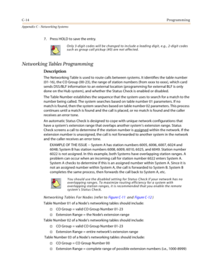 Page 502C-14Programming
Appendix C - Networking Systems
7. Press HOLD to save the entry.
Networking Tables Programming
Description
The Networking Table is used to route calls between systems. It identifies the table number 
(01-16), the CO Group (00-23), the range of station numbers (from xxxx to xxxx), which card 
sends DSS/BLF information to an external location (programming for external BLF is only 
done on the Hub system), and whether the Status Check is enabled or disabled.
The Table Number establishes the...