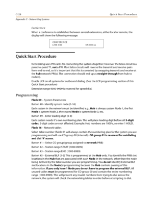 Page 516C-28Quick Start Procedure
Appendix C - Networking Systems
Conference 
When a conference is established between several extensions, either local or remote, the 
display will show the following message:
Quick Start Procedure
Networking uses PRI cards for connecting the systems together; however the telco circuit is a 
point-to-point T1, not a PRI. Most telco circuits will reverse the transmit and receive pairs 
from end to end, so it is important that this is corrected by swapping transmit and receive at...