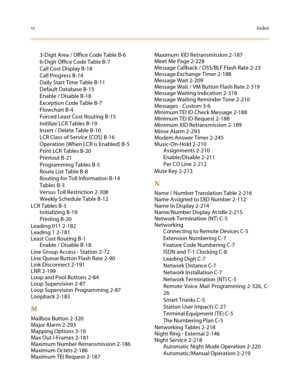 Page 650viIndex
3-Digit Area / Office Code Table B-6
6-Digit Office Code Table B-7
Call Cost Display B-18
Call Progress B-14
Daily Start Time Table B-11
Default Database B-15
Enable / Disable B-18
Exception Code Table B-7
Flowchart B-4
Forced Least Cost Routing B-15
Initilize LCR Tables B-19
Insert / Delete Table B-10
LCR Class of Service (COS) B-16
Operation (When LCR is Enabled) B-5
Print LCR Tables B-20
Printout B-21
Programming Tables B-5
Route List Table B-8
Routing for Toll Information B-14
Tables B-3...