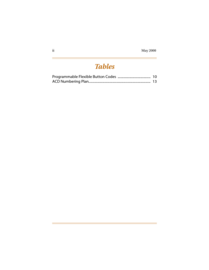 Page 5ii May 2000
Ta b l e s
Programmable Flexible Button Codes  .......................................   10
ACD Numbering Plan.........................................................................   13 