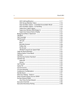 Page 13xM arch 200 1
ACD Cal l Q ua l i fi ca ti o n .. .. .. .. .. .. .. ... .. .. .. .. .. .. .. .. .. .. .. .. .. ... .. .. .. .. .. .. .. .. .. .. .. .. .. ... .. .. .. 5- 17
ACD Gro up Memb er Statu s . .. ... .. .. .. .. .. .. .. .. .. .. .. .. .. ... .. .. .. .. .. .. .. .. .. .. .. .. .. ... .. .. .. 5- 18
ACD Overflow Station - Available/Unavailable Mode ..................... 5-19
ACD Ov erfl ow Stati o n - F o rwa rd i ng .. .. .. .. .. .. .. .. ... .. .. .. .. .. .. .. .. .. .. .. .. .. ... .. .. .....