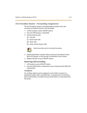 Page 222Uniform Ca ll Distribution (UCD) 5 -91
UCD Overflow Station - Forwarding Assignments
The UCD Overflow Station Forwarding feature enables UCD calls
re aching a n Overflow S ta tion to be f orwa rde d.
1. Lift the handset or press ON/OFF button.
2. Press the FWD button or dial [640].
3 . Di al th e d esi r ed cod e:
[6] = All Ca lls
[7] = No Ans wer Ca lls
[8] = Busy Calls
[9 ] = Busy and No A nswe r Cal ls
4. Dial th e d estination number where to forward calls (S ta tion, Voice
M a il , UC D g roups , or...