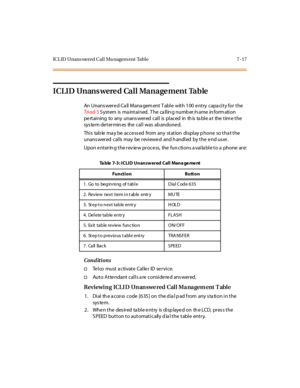 Page 268ICL ID Unans wered Call Ma nagem ent Table 7 -17
ICLID Unanswered Call Management Table
An Unans were d Ca ll Mana gem ent T able with 100 e ntry capa city for the
Tri ad- SS yst em is ma int ai ned . T he ca ll in g numb er /n ame in form ati on
pe rtaining to any unans wered call is placed in th is ta ble a t the tim e the
sys te m de t er min es the cal l was ab andone d.
This table may be accessed from any station display phone so that the
unans wer ed c al ls may be r evi ewe d and h andl ed by t he...