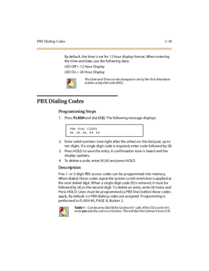 Page 106PBX Dia ling  Codes 2 -59
By defau lt, the  time is set for 12 hour display  format. When entering 
the  t i me  and d ate , u s e  the  fo l l ow ing  dat a:
LED  O ff =  1 2  Hour  Di sp lay
LED  O n =  24 H our  Di spl ay
PBX Dialing Codes
Pro g ram mi ng  S te ps
1. Press FLASH and  di al [12]. The  following message displays:
2. Enter valid numbers  (one  right after  the other) on the dial pad,  up to 
t en  di git s.  I f a  si ngle  di gi t  code  is  re qui re d, e nte r  code  fol lowe d by...