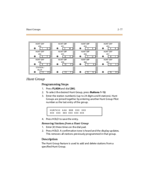 Page 124Hu n t  G ro u p s 2 - 7 7
Hu nt  G ro u p
Pro g ram mi ng  S te ps
1. Press FLASH and  di al  [30 ].
2 . To se le ct th e d esi re d Hunt Group,  pr es s Butto ns 1- 12.
3. Enter the  station  number(s) (up to 24  digits and 8 stations). Hunt 
Groups are  joined together  by entering  another Hunt Group  Pilot 
number as the last entry  of the  group.
4 . Pr es s H OLD  t o sav e t he  e ntr y.
Removing Stations from a Hunt  Group
1. Enter [# ] thre e  ti me s on  th e d ial  p ad.
2 . Pr es s H OLD.  A...