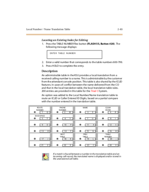 Page 130Local Number /  Name  Translat ion  Table 2 -83
Locating an Existing  Index for Editing
1. Press the TABLE NUMBER flex  button (FLASH 5 5, Bu tton  #20). The 
following message displays:
2. Enter a  valid number that  corresponds to  the table numbers 600-799.
3. Press HOLD to complete  the entry.
Des crip ti on
An administrable table in the KSU provides a local  translation from  a 
received calling number to a name. This is administrable by the customer 
from the attendant console position. This table...