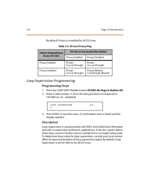 Page 1393- 8 Page  A I ntr o ducti o n
B y de fau lt , P r iva c y i s e nab le d for  a ll  CO  Li nes .
Loop Supervision Programming
Pro g ram mi ng  S te ps
1 . Pr es s t he  LOO P  SUP V  fl exi ble  b utt on ( FLASH 40, Pag e  A, Button  #6).
2. Enter a valid number (1-9) on  the dial pad which corresponds to 
100-900 ms. (0 = disabled).
3. Press HOLD to save the entry. A confirmation  tone is  heard  and the 
display updates.
Des crip ti on
Loop  Supe rv is ion  is  use d p ri mar il y w it h DI S A,  Voi...