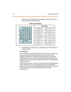 Page 1453-14 Page  A I ntro ductio n
The  nam e m ay b e e nte red  in  any comb ina tion up  to  12-cha ra cte rs  
(t his  re pr es ent s 2 4 -di gi ts  ent er ed ).
3. Press HOLD to save the entry. A confirmation  tone is  heard  and the 
display updates.
Des crip ti on
The Co  Line Identification  Display feature allows  the entry  of a  name for 
each line (trunk) connected to the system.  Once entered into the 
dat aba se , LC D p hones , i nclu ding  t he A t te nda nt  st at ions , r ece iv e t he  
pr...