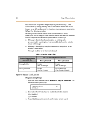 Page 1774- 8 Page  A I ntr o ducti o n
Eac h  st at ion  c an b e g ra nte d t he  pr iv il ege  t o j oin  an  exi st ing  CO  l ine  
conve rs ation b y s imp ly  press ing  th e C O  line  button  of a  CO line  in us e.
Pri vacy on an  SLT  can be use ful in si tua ti ons wher e a mod em is usi ng t he 
SLT  por t  for  da ta  t ran smi ssi on.
Disabling this feature lets  data transfer proceed without being 
interrupted  with a Camp On tone. Both the station  and  the CO  Line must 
have  Pr iv acy di sa bl...