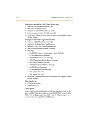 Page 2396-18 ACD  Ann oun cement  Tabl es  (R AN )
To  program  a table for a RAN  Hunt Group po rt:
1 . Pr es s t he  TABLE  X  fl exi bl e b utt on (1 -8 ).
2. Dial [3] for RAN H unt  Group.
3. Dial [458-461]  for  RAN Hunt Group  used.
4. Enter message duration  (000-300 seconds).
5. Press HOLD to save the entry. A confirmation  tone is  heard  and the 
display updates.
To  program  a table for Digital  Vo ice  Mail:
1 . Pr es s t he  TABLE  X  fl exi bl e b utt on (1 -8 ).
2. Dial [4] for the  Digital Voice...