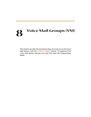 Page 2588
Voice Mail Groups (VM)
This c hapter  provides the  func tional  steps  nec essary to use the Voic e
Mail features with the STARPLUS Tr i ad -S System. To implement the
voice  mail  options desired, you  must  first enter the Programming
Mo d e . 