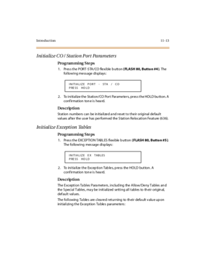 Page 320Introduction 11-13
Initialize CO / Station Port Parameters
Pro g ram mi ng  S te ps
1. Press the PORT-STA/CO  flexible button ( FLASH 80, Butto n #4 ). The  
following message displays:
2. To initialize the Station/CO Port Parameters, press the HOLD button. A 
conf irmation  ton e is  hea rd.
Des crip ti on
St at ion  numbe rs  c an  be  in it ia li ze d a nd r es et  t o t he ir  or igi nal  de faul t  
val u es  af te r  the  u s er  has  pe r fo rm ed  the  S tat i o n R e lo c at i o n Fe at u re  (6...