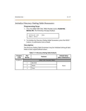 Page 324Introduction 11-17
Initialize Directory Dialing Table Parameters
Pro g ram mi ng  S te ps
1 . Pr es s t he  DI R EC TOR Y  D IA L  TA BLE  fl exi ble  b utt on ( FLASH 80, 
Bu tton #9).  The  fo ll owing  mes sag e d is pla ys:
2 . To  ini t ia li ze  t he  Di re c tor y  Di ali ng  Ta ble  P ar ame te rs,  pr es s t he  HO LD 
b utton. A confirma tion tone is  he ard.
Des crip ti on
The Directory  Dialing  Table Parameters may be initialized setting all data 
fields to their original default values....