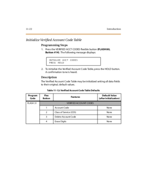 Page 32911- 2 2 I ntr o ducti o n
Initi al ize Ve ri fie d Account Code Table
Pro g ram mi ng  S te ps
1 . Pr es s t he  VE RI FI ED  A CCT  CO DES  fl exi bl e  but ton (F L ASH 8 0, 
Bu tton #14).  Th e f oll owing  me ssa ge  dis pl ays:
2 . To  ini t ia li ze  t he  Ve r ifi ed  A cc ount  C ode  Ta bl e, p re ss  the  HO LD  but ton.  
A conf irmation  to ne is  hea rd.
Des crip ti on
The Verified  Account Code Table may be initialized setting all data  fields 
to   the i r o ri gina l,  de fau l t  val u...