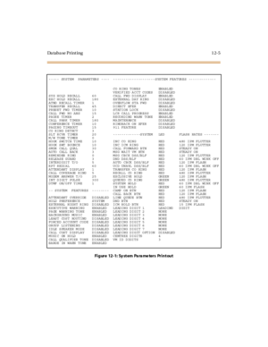 Page 336Da ta b a se  P r i n t i n g 1 2- 5
Figure 12-1: Sy stem Pa ra me ters Printout
----- SYSTEM  PARAMETERS ---- --------------------SYSTEM FEATURES -------------
SYS HOLD RECALL
EXC HOLD RECALL
ATND RECALL TIMER
TRANSFER RECALL
PRESET FWD  TIMER
CALL FWD NO ANS
PAUSE TIMER
CALL PARK TIMER
CONFERENCE TIMER
PAGING TIMEOUT
CO RING  DETECT
SLT RCVR TIMER
M/W TONE TIMER
HOOK SWITCH TIME
HOOK SWT BOUNCE
SMDR CALL QUAL
AUTO CALL BACK
REMINDER RING
RELEASE GUARD
INTERDIGIT T/O
RPT REDIAL
ATTENDANT DISPLAY
CALL...