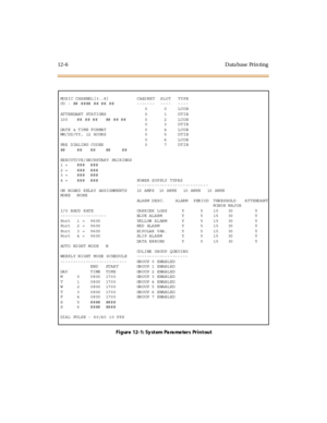 Page 33712-6 Data base Prin ting
MUSIC CHANNEL[3..8] CABINET SLOT TYPE
CO - ## #### ## ## ## ------- ---- ----
0 0 LCOB
ATTENDANT STATIONS 0 1 DTIB
100 ## ## ## ## ## ## 0 2 LCOB
0 3 DTIB
DATE & TIME FORMAT 0 4 LCOB
MM/DD/YY, 12 HOURS 0 5 DTIB
0 6 LCOB
PBX DIALING CODES 0 7 DTIB
## ## ## ## ##
EXECUTIVE/SECRETARY PAIRINGS
1 = ### ###
2 = ### ###
3 = ### ###
4 = ### ### POWER SUPPLY TYPES
----------------------------
ON BOARD RELAY ASSIGNMENTS 10 AMPS 10 AMPS 10 AMPS 10 AMPS
NONE NONE
ALARM DESC. ALARM PERIOD...