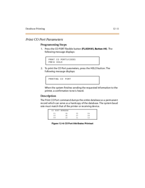 Page 342Da taba se Print ing 12 -11
Pr in t  CO  Po rt  Pa r am e te rs
Pro g ram mi ng  S te ps
1 . Pr es s t he  CO  P OR T  fl ex ibl e  but ton (FLASH 8 5, Bu tton  #4). The 
following message displays:
2. To  print the CO Port parameters,  press the  HOLD button. The 
f oll owing  me ssa ge  dis pl ays:
When the  system finishes sending the requested  information to the 
printer,  a conf irmation  to ne is  hea rd.
Des crip ti on
The Print CO Port command dumps the entire database as a permanent 
re c o rd...