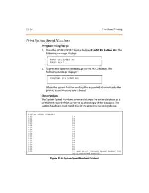 Page 34512- 1 4 D ata base Pr i n ti ng
Pr in t Sys tem Spe ed N umber s
Pro g ram mi ng  S te ps
1 . Pr es s t he  SYS TE M  SP EE D f le xib le  but ton  (FLASH  85, Button  #6). T he 
following message displays:
2. To  print the System Speed bins, press the HOLD  button.  The 
f oll owing  me ssa ge  dis pl ays:
When the  system finishes sending the requested  information to the 
printer,  a conf irmation  to ne is  hea rd.
Des crip ti on
The  S yst em  Spe ed  Numb er s c om mand  dumps  t he e nt ir e  dat...