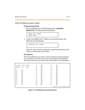 Page 368Da taba se Print ing 12 -37
Print Verif ie d Account  Cod es
Pro g ram mi ng  S te ps
1 . Pr es s t he  VE RI FI ED  A CCT  CO DES  fl exi bl e  but ton (F LA SH 85 , 
Bu tton #15). T he f oll owin g me ssa ge  dis pl ays:
2. To  print the VERIFIED ACCT  CODES, press the HOLD  button. The 
f oll owing  me ssa ge  dis pl ays:
When the  system finishes sending the requested  information to the 
printer,  a conf irmation  to ne is  hea rd.
Des crip ti on
The  Pr int  Ve ri fi ed  Accoun t  Code s comm and...