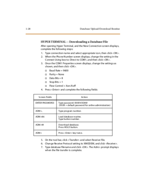 Page 451-28 D ata base Upl o ad/D o wn lo ad Ro utine
HY PE R T ERMI NAL -- Dow nload ing  a  Databas e File
Af te r o pe ning Hype r Te rm inal , and the  Ne w C o nnec t i o n sc r ee n di sp lay s, 
complete  the following steps:
1. Type connection na me  and  select  appropria te ico n, then  click .
2 . Whe n t he Pho ne N umbe r sc re en di spl ays, c hange  t he se tt in g i n t he 
C onnect Us ing  box to:  Direct  to  COM1, a nd then  click . 
3. Once the  COM1 Properties screen  displays,  change the...