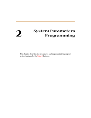 Page 482
System Parameters
Programming
This chapter desc ribes the procedures and steps needed to program
system features  for the Triad-S Systems. 