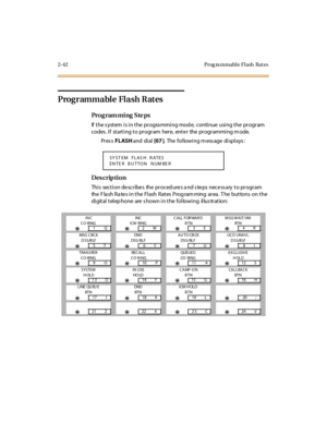 Page 892-42 Prog ra mmable Flash  Rat es
Programmable Flash Rates
Pro g ram mi ng  S te ps
If the system is in the  programming mode,  continue using the program 
codes. If  starting to program  here, enter  the programming mode. 
Pr es s FLASH and  di al  [07 ].  The following message displays:
Des crip ti on
Thi s  sect i on de scr ibe s  the  pr oced ure s a nd s te ps  nece ss ary  t o pr ogr am 
the Flash Rates in the Flash Rates Programming area. The  buttons on the 
digital telephone  are shown in the...