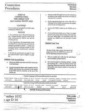 Page 30STEP 11 ’ ‘.: 
COI’JNECTWG 
WESMDRU’+iTI’ :; . 
(part number 90-0227 only) 
._ 
CAUTION 
Power should not be appIicd!to the KSU when 
instaUi.ng the SMDR unit 
NOTj3S 
1. At a minimum, pin 3 (Rcce$ed Data) and 
-pin 7 (Signal Ground) must be wired in the 
cable connecting rhe SMDR unit and the 
recording d&ice. 
2. Also, depending on the characteristics of the 
recording device, other pins may need to be be ~ 
jumpered, ground&i, or raised - consult your 
recording device’s m&nic@ ma.nuaI or your...